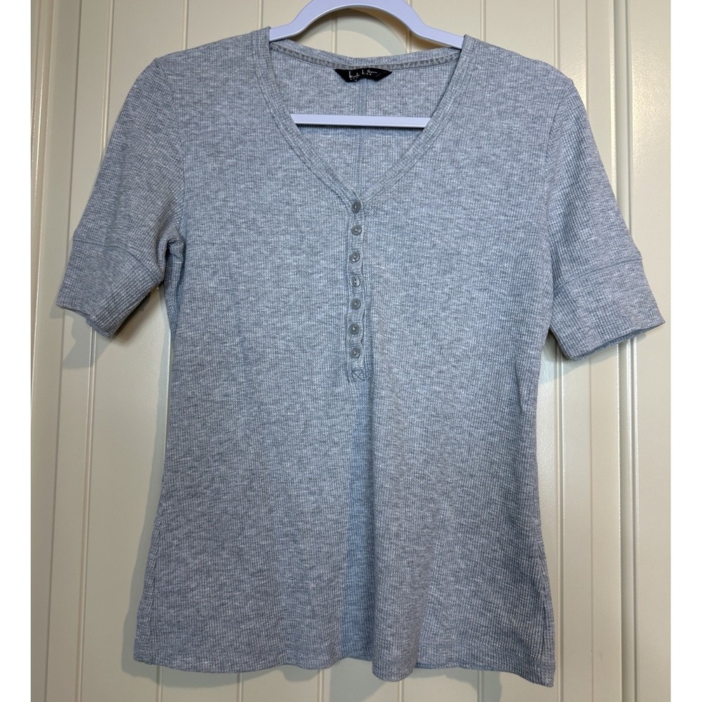 Nicole Miller gray short sleeve v-neck thermal henley waffle knit sz S 90s GUC